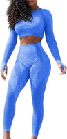 Women'S Seamless Yoga 2 Piece Workout Outfits Long Sleeve Crop Top High Waist Leggings Gym Clothes Sets