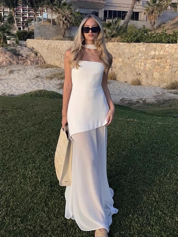Fashion Strapless Dress With Ribbon Female Elegant Solid Sleeveless Mesh Beach Vacation Long Dress 2025 Spring New Women Dress