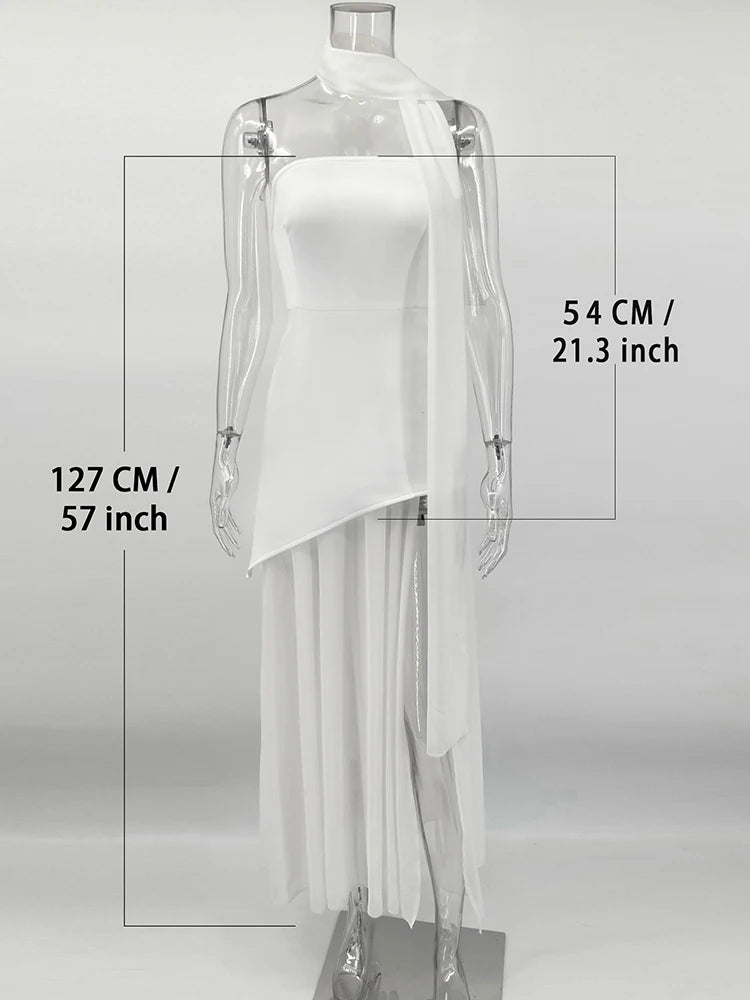 Fashion Strapless Dress With Ribbon Female Elegant Solid Sleeveless Mesh Beach Vacation Long Dress 2025 Spring New Women Dress