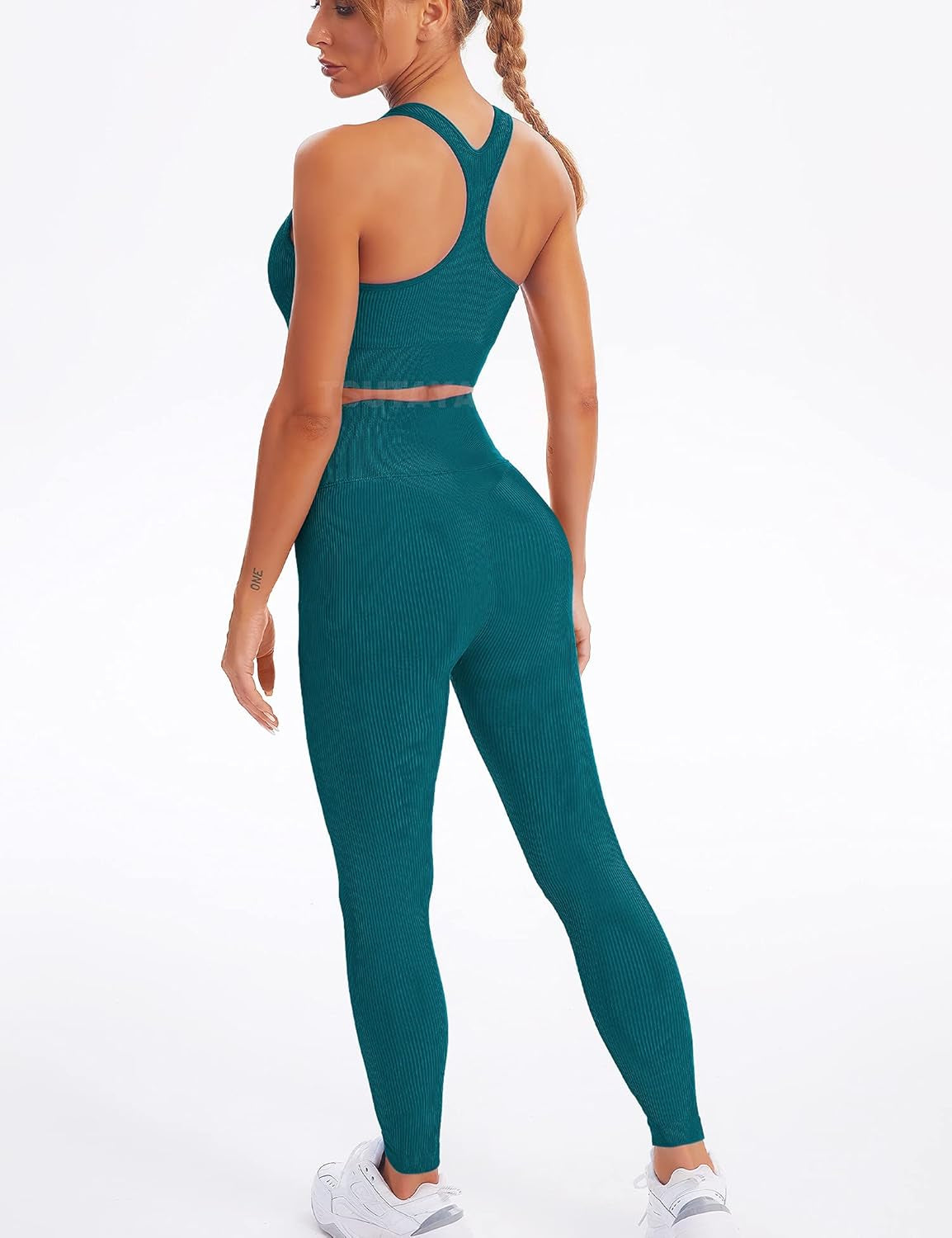 Ribbed Workout Set for Women 2 Piece Gym Outfits Zipper Bra Seamless High Waist Gym Leggings Pants Blue M