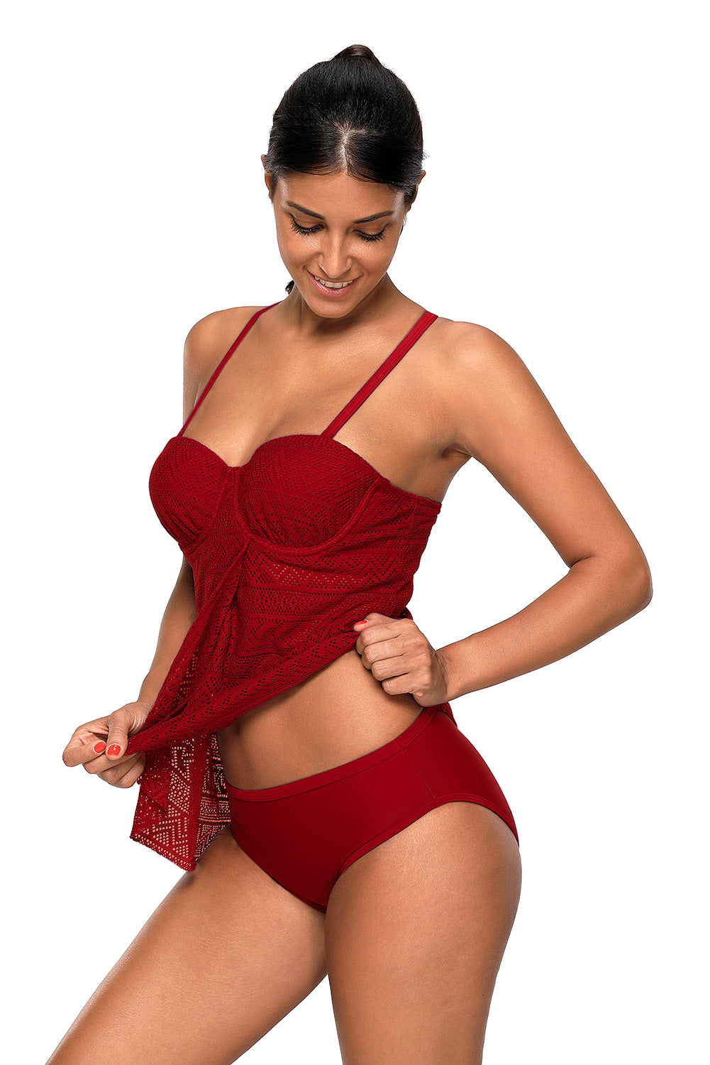 Burgundy Lace Flyaway Underwired Tankini Bathing Suit