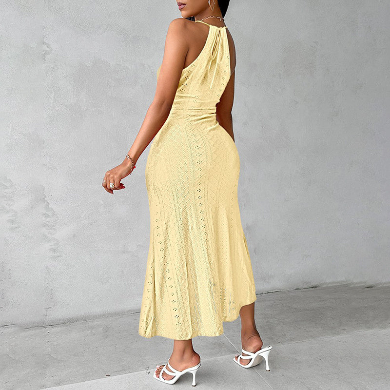 Women Sexy Open Back Pleated Bodycon Midi Dress