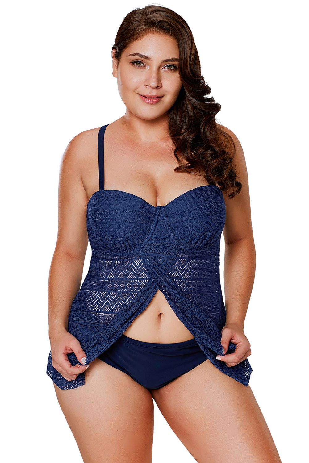 Navy Blue Lace Flyaway Underwired Tankini Bathing Suit