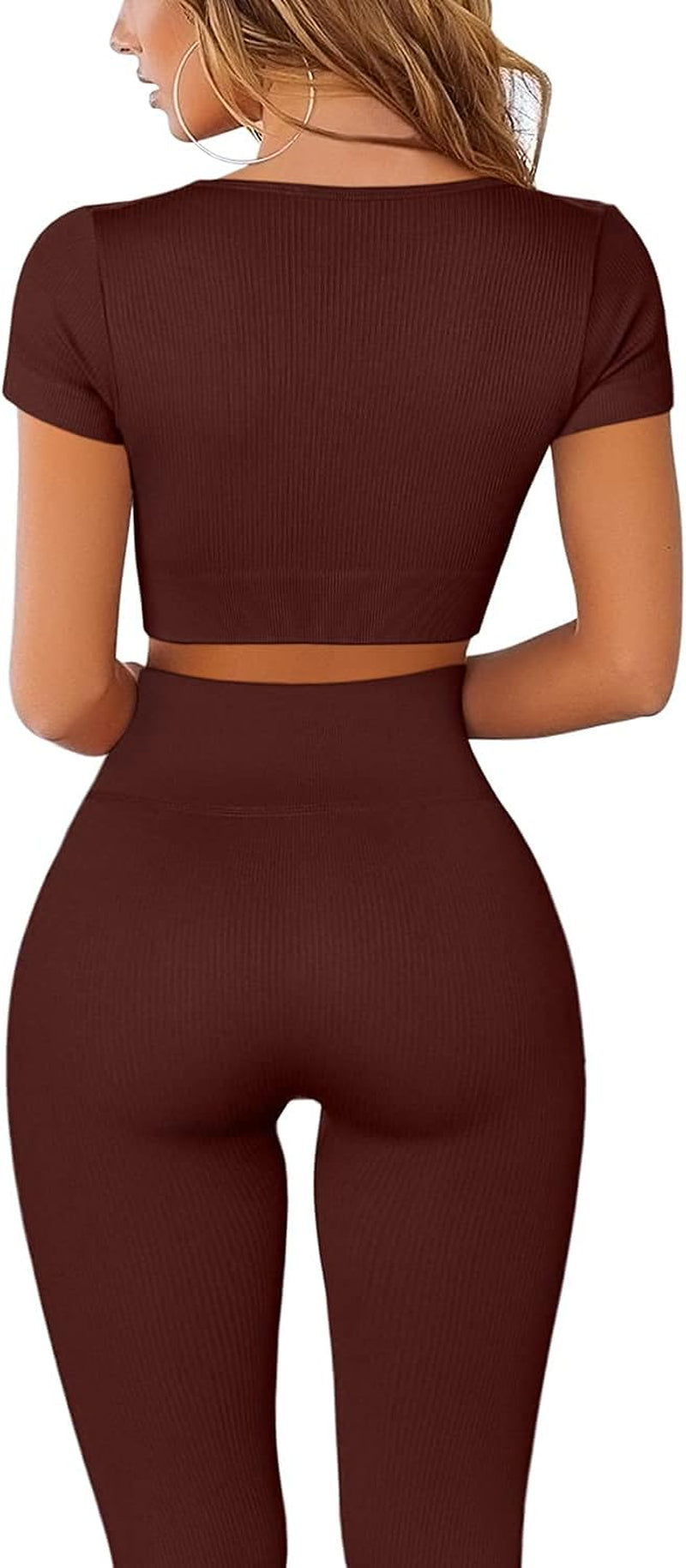 Workout Outfits for Women 2 Pieces Ribbed Seamless Yoga Sports Crop Top with High Waist Leggings Set Coffee L