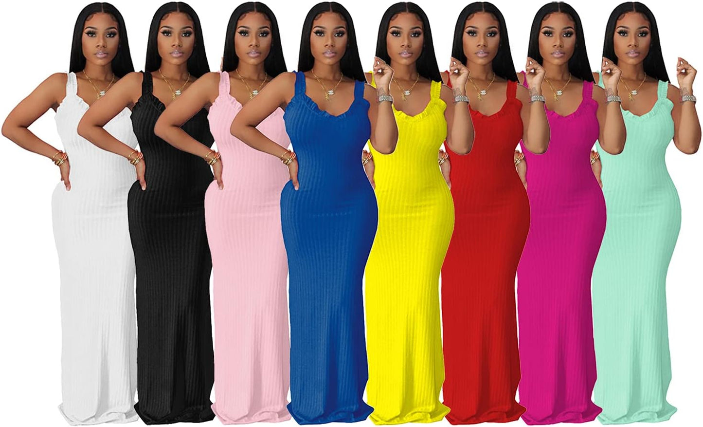 Summer Dresses for Women Sexy Bodycon Tank Dress Sleeveless Long Maxi Dresses Pink