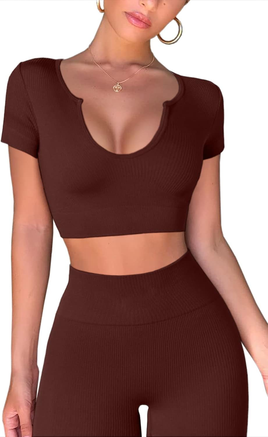 Workout Outfits for Women 2 Pieces Ribbed Seamless Yoga Sports Crop Top with High Waist Leggings Set Coffee L