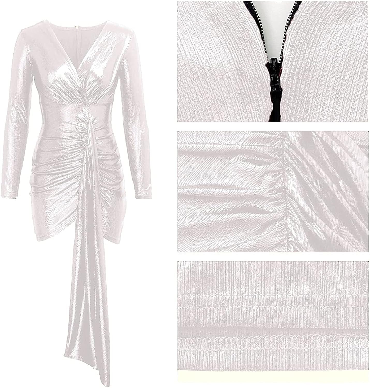 Women'S Sexy Dress Deep V Neck Long Sleeve Ruched Sparkly Bodycon Club Mini Dresses