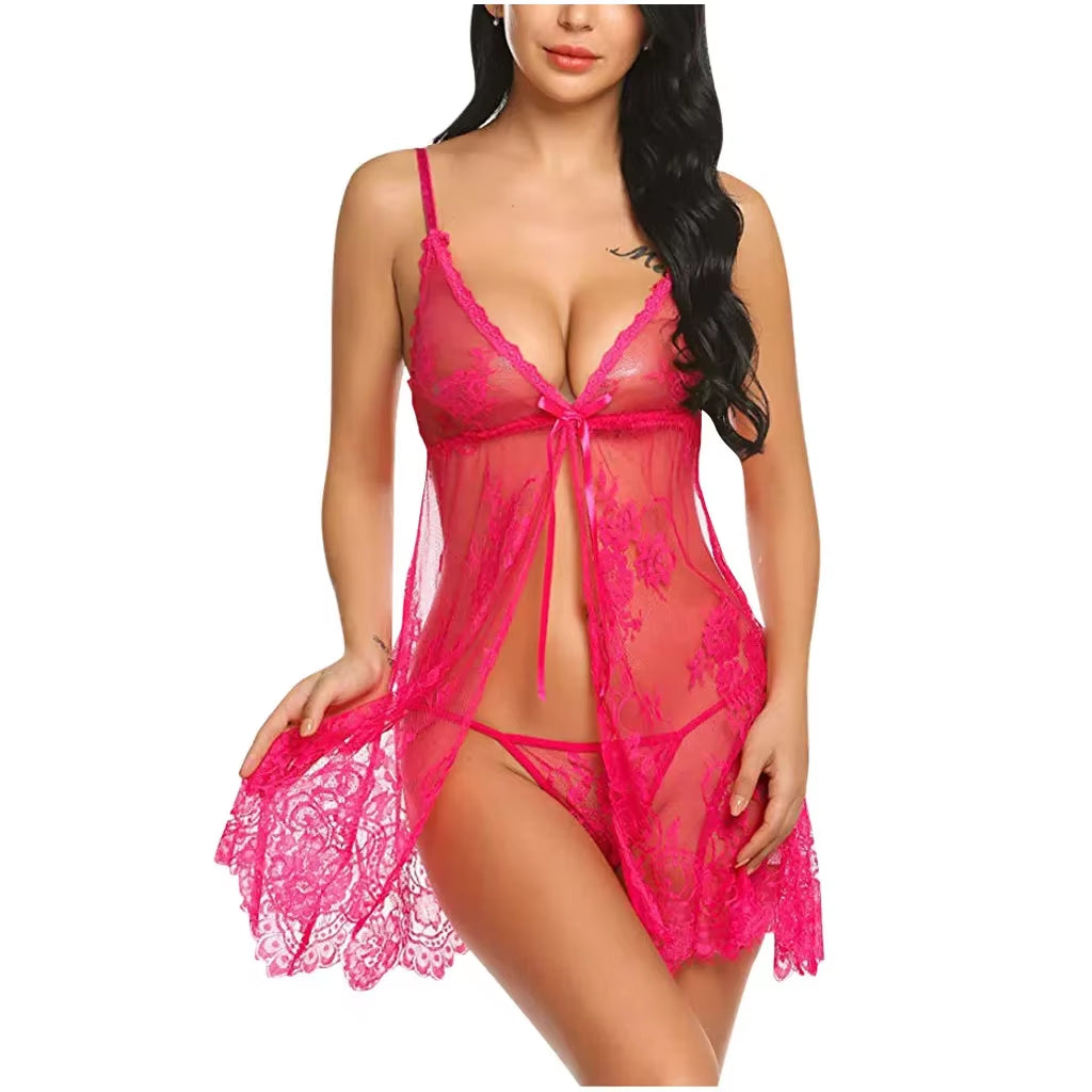 Floral Lace V-Neck Strap Night Dress with Thong Set Sexy Woman Nightie Sexy Lingerie Women Nightgown Erotic Baby Dolls Sleepwear