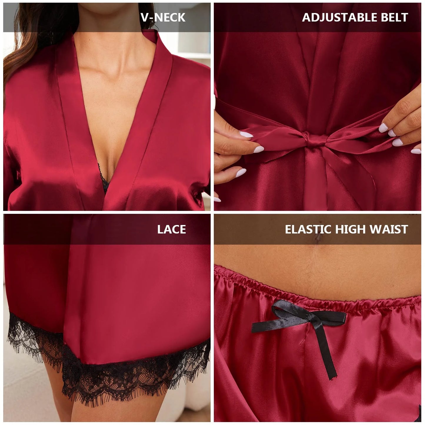Sexy Lingerie, Silk Satin Pajamas for Women, Womens Summer Pajamas Pjs Sets of 4 Pcs with Floral Lace Top Shorts and Robe, Gift for Women, Burgundy, XXL