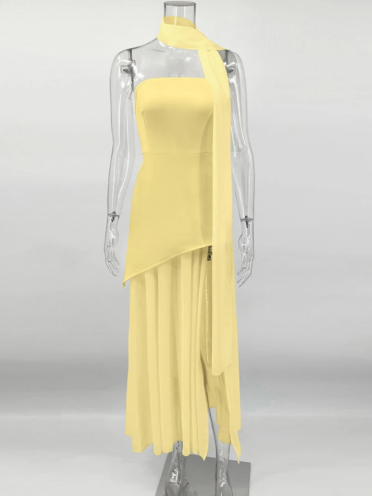 Fashion Strapless Dress With Ribbon Female Elegant Solid Sleeveless Mesh Beach Vacation Long Dress 2025 Spring New Women Dress