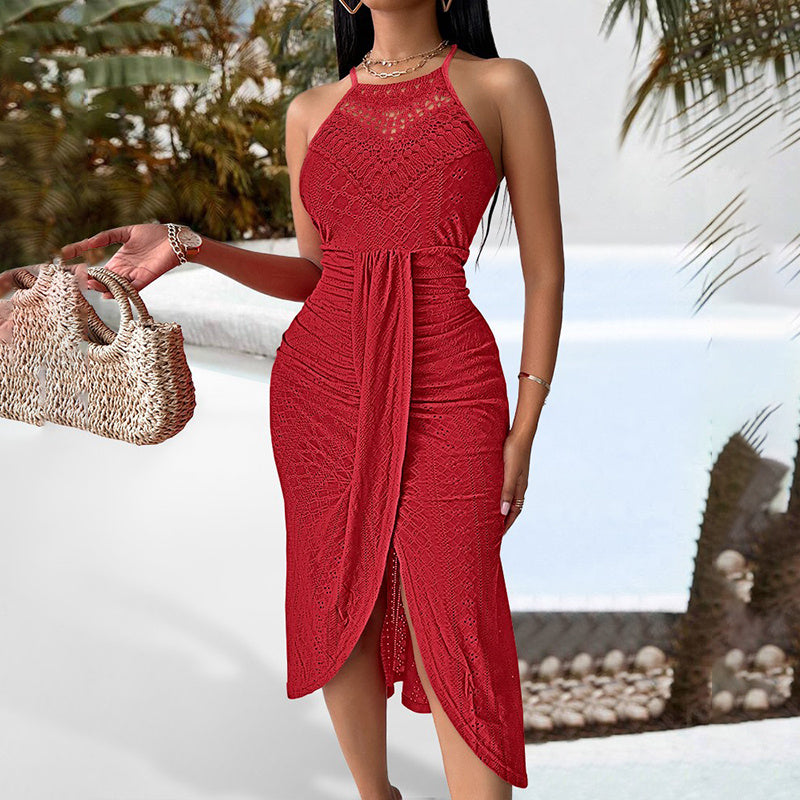 Women Sexy Open Back Pleated Bodycon Midi Dress