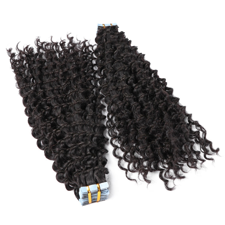 Premium #1B Natural Black Deep Curly Tape In Hair Extensions | 100%
