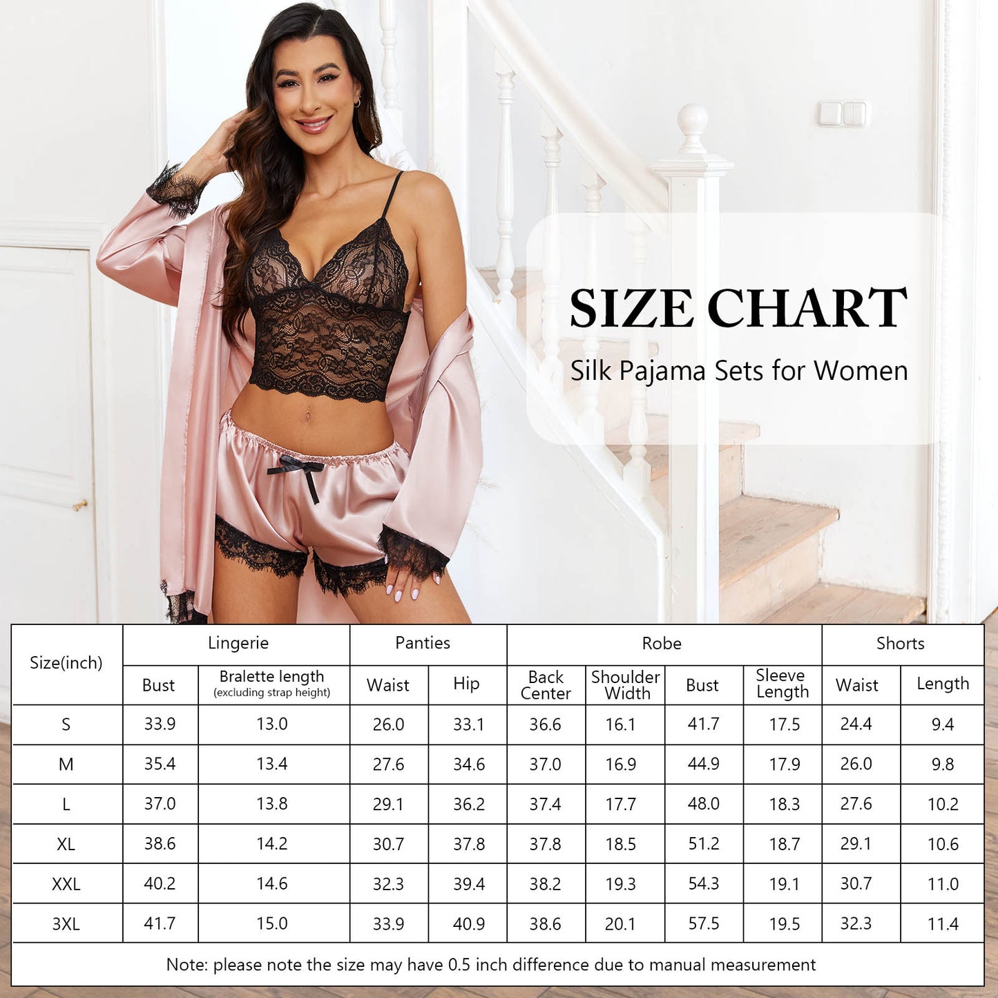 Sexy Lingerie, Silk Satin Pajamas for Women, Womens Summer Pajamas Pjs Sets of 4 Pcs with Floral Lace Top Shorts and Robe, Gift for Women, Burgundy, XXL