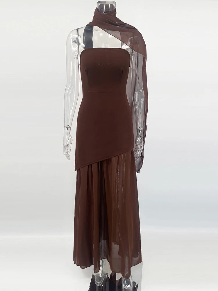 Fashion Strapless Dress With Ribbon Female Elegant Solid Sleeveless Mesh Beach Vacation Long Dress 2025 Spring New Women Dress