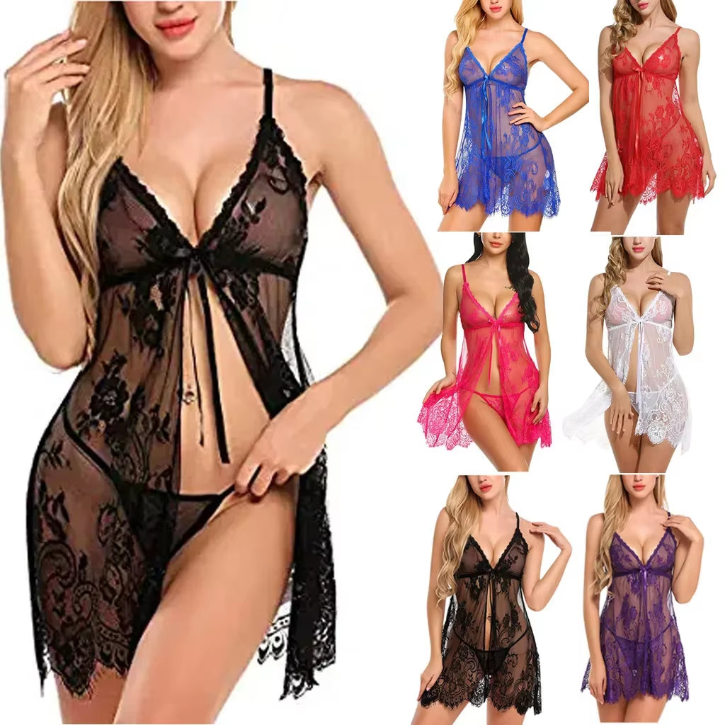 Floral Lace V-Neck Strap Night Dress with Thong Set Sexy Woman Nightie Sexy Lingerie Women Nightgown Erotic Baby Dolls Sleepwear