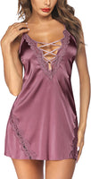 Women Chemise Lingerie Satin Lace Nightgown Lace Babydoll Sleepwear Dress Burgundy Small