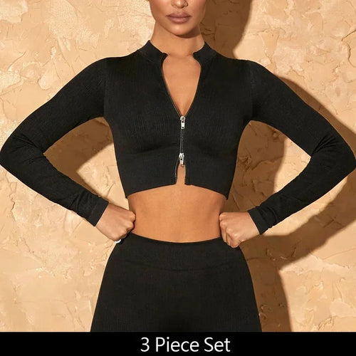 AL0 Yoga 3 Piece Set Jacket Bra Legging Women Patchwork Fitness Gym