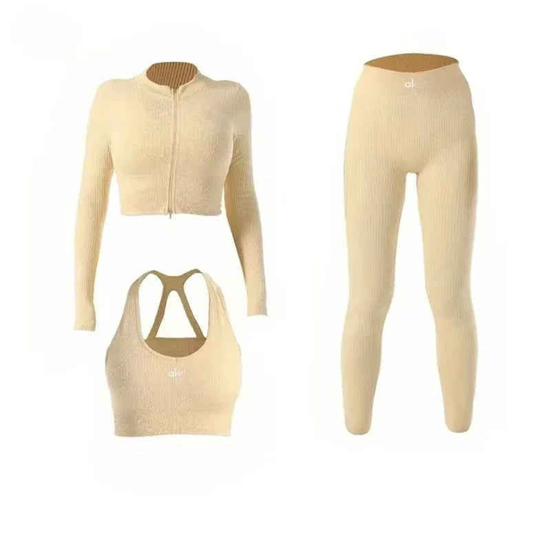 AL0 Yoga 3 Piece Set Jacket Bra Legging Women Patchwork Fitness Gym