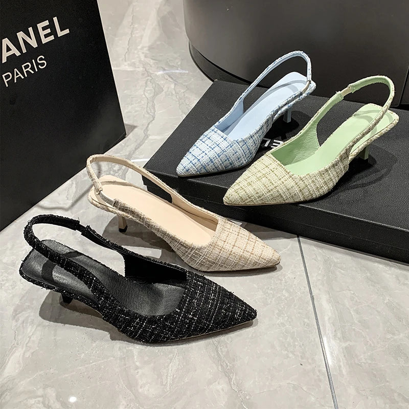 Brand Designer Slingbacks High Heels Pumps Women Pointed Blue Pointed