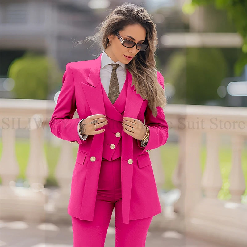 Elegant Women Suit 3 Piece Jacket Vest Pants Double Breasted Female Clothing Smart Formal Office Banquet Lady's Blazers Sets
