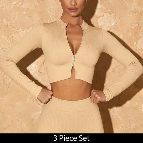 AL0 Yoga 3 Piece Set Jacket Bra Legging Women Patchwork Fitness Gym