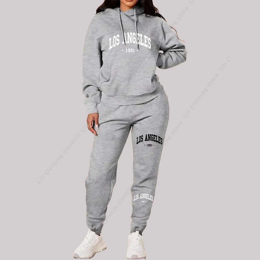 Women Sets Hoodies Pants 2 Piece Outfits Aesthetic Sportswear Sweatsuit Los Angeles Letter Print Suit Ladies Tracksuit Plus Size