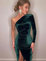 Women Elegant Long Sleeve Party Evening Velvet Bodycon Split Pencil