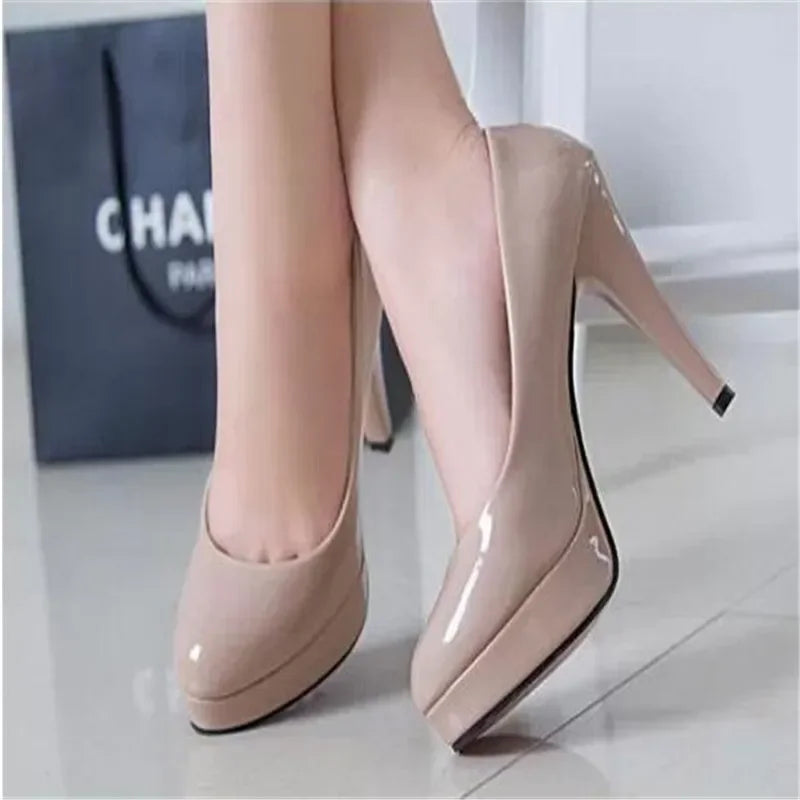Women Pumps Fashion Classic Patent Leather High Heels Shoes Nude Head