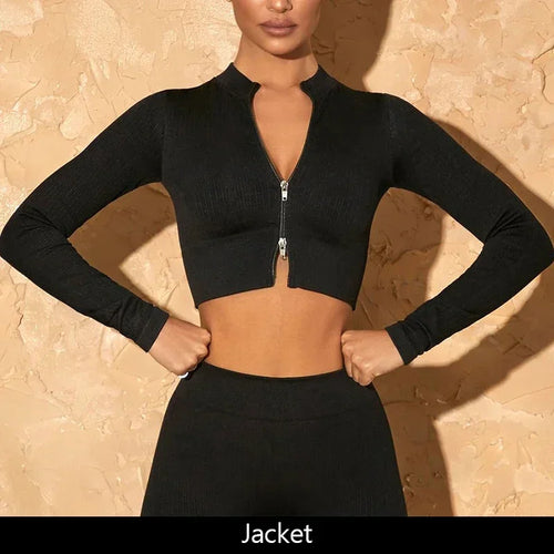 AL0 Yoga 3 Piece Set Jacket Bra Legging Women Patchwork Fitness Gym
