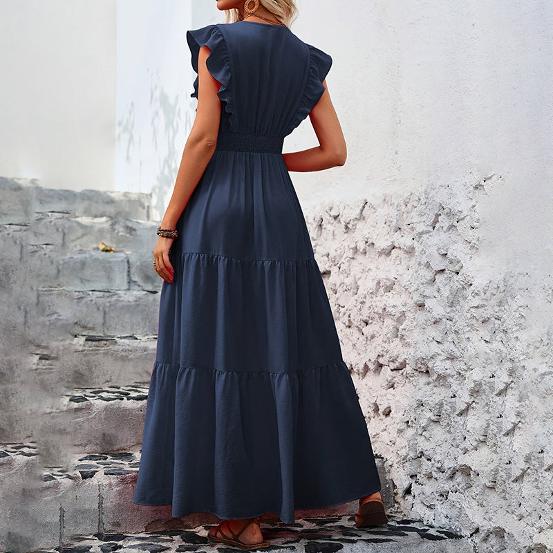 Women Solid Color Elegant V-Neck High Slit Long Skirt