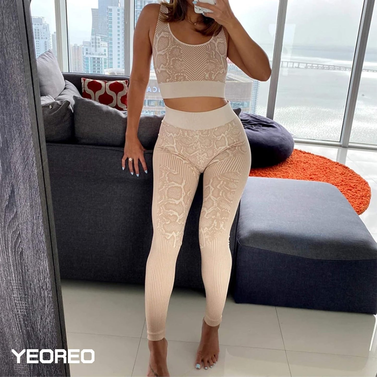 Yoga Outfit for Women Seamless 2 Piece Workout Gym High Waist Snake Print Leggings with Sport Bra Set Khaki M