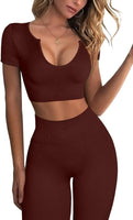 Workout Outfits for Women 2 Pieces Ribbed Seamless Yoga Sports Crop Top with High Waist Leggings Set Coffee L