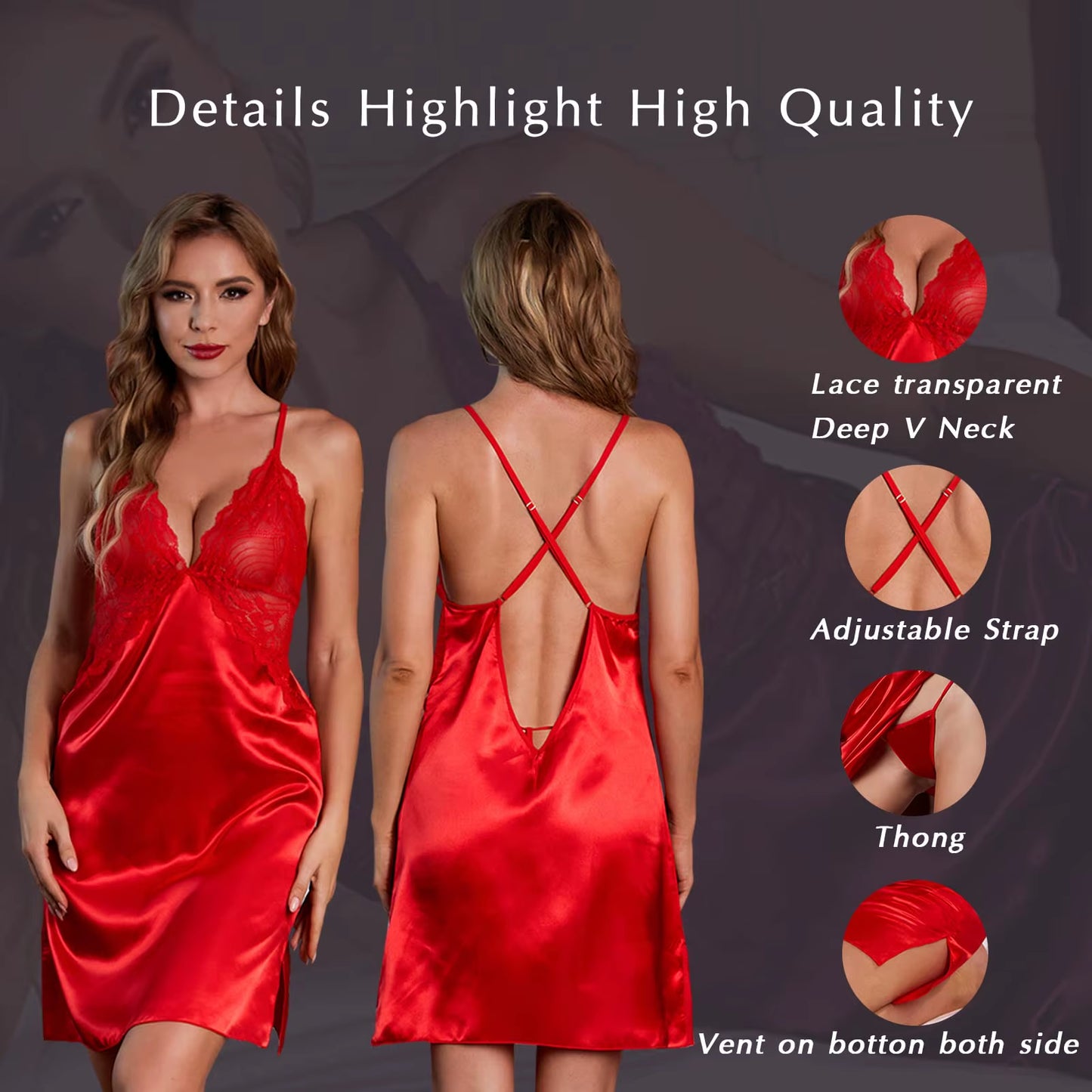Women Straps Lingerie Dress Babydolls Nightgown Slit Chemise Negligee V-Neck Sleepwear