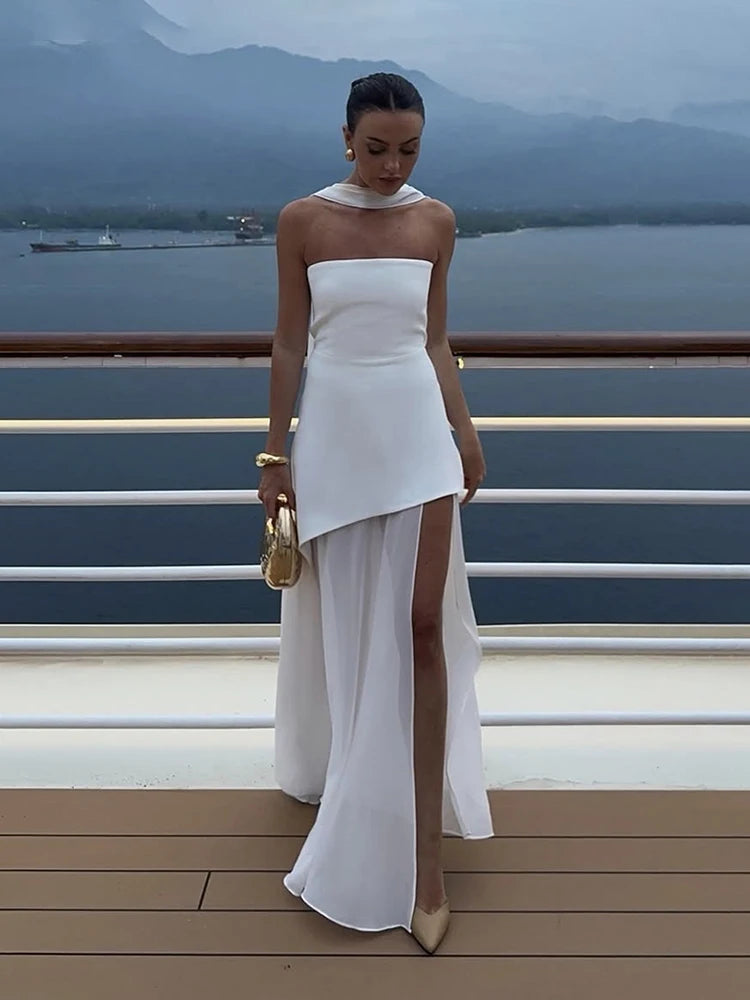 Fashion Strapless Dress With Ribbon Female Elegant Solid Sleeveless Mesh Beach Vacation Long Dress 2025 Spring New Women Dress