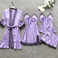 Lace Silk Pajamas Set Nightdress Sexy Lingerie Robe Women Sleepwear 4 Pieces Suits Sleeping Top and Shorts Femme Pijama Mujer Pj