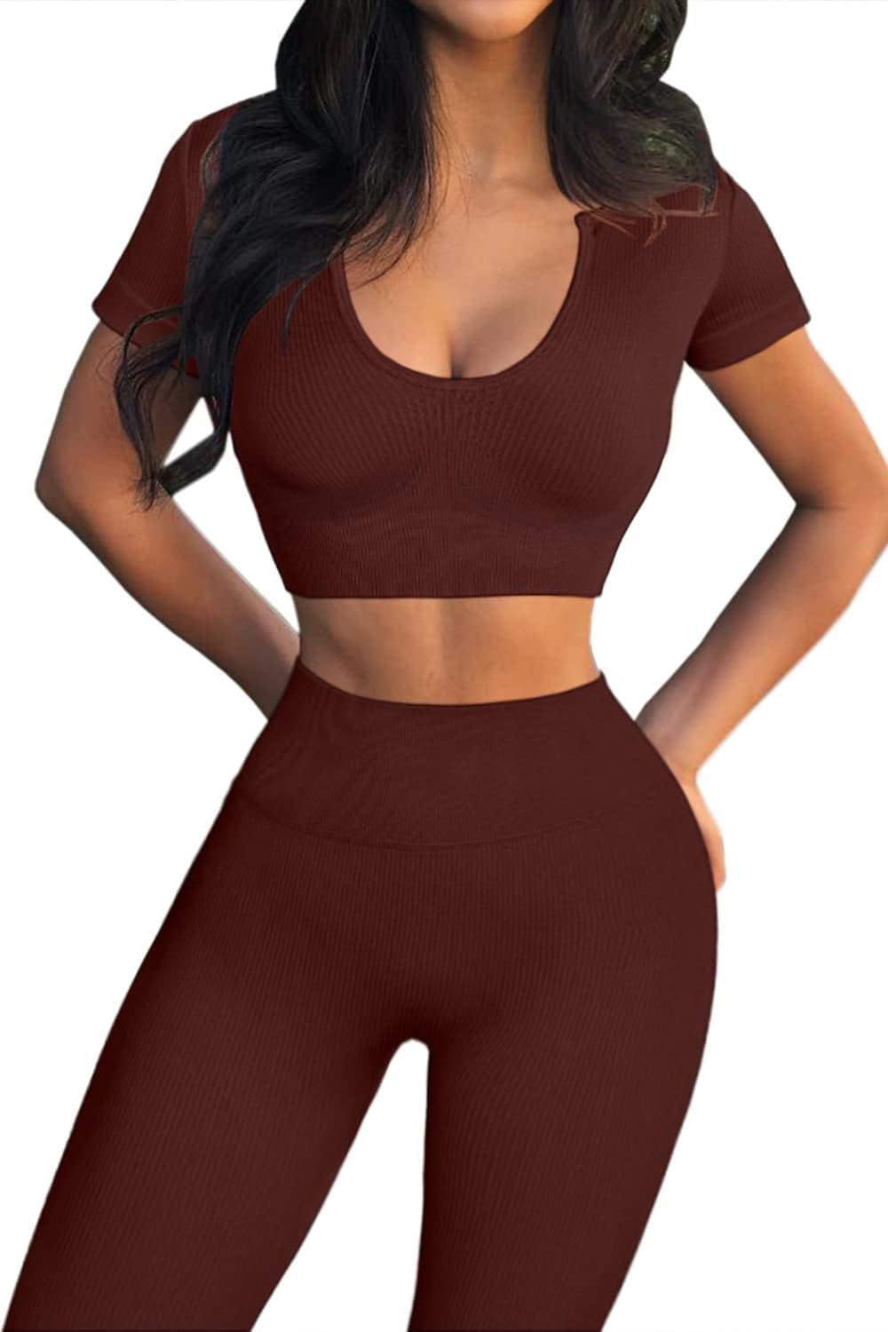 Workout Outfits for Women 2 Pieces Ribbed Seamless Yoga Sports Crop Top with High Waist Leggings Set Coffee L