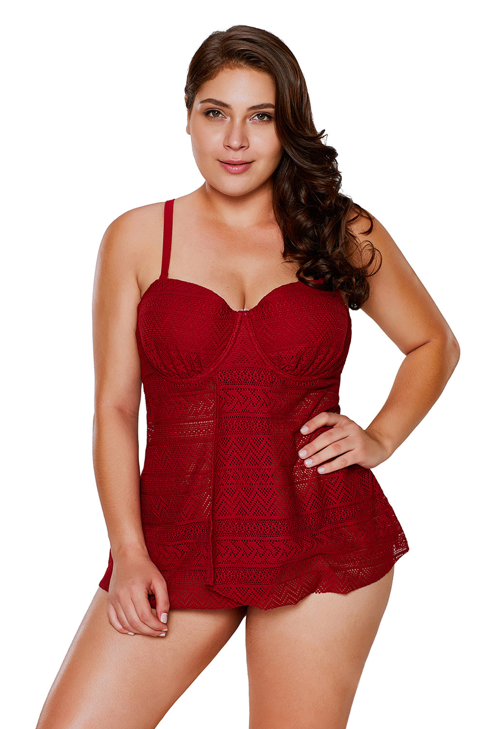 Burgundy Lace Flyaway Underwired Tankini Bathing Suit