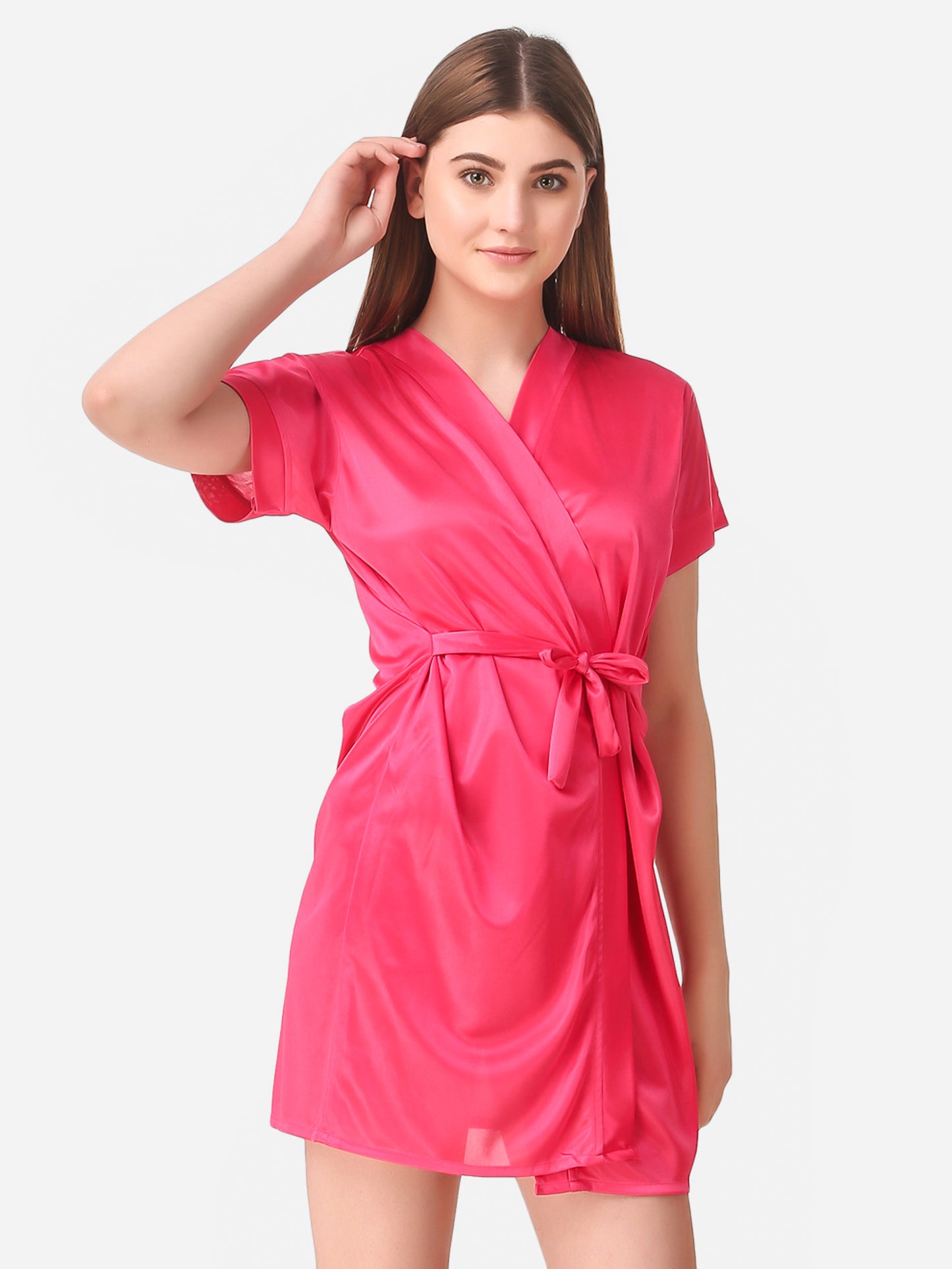 Romaisa Women's Satin Solid Pink Robe with Lingerie Set