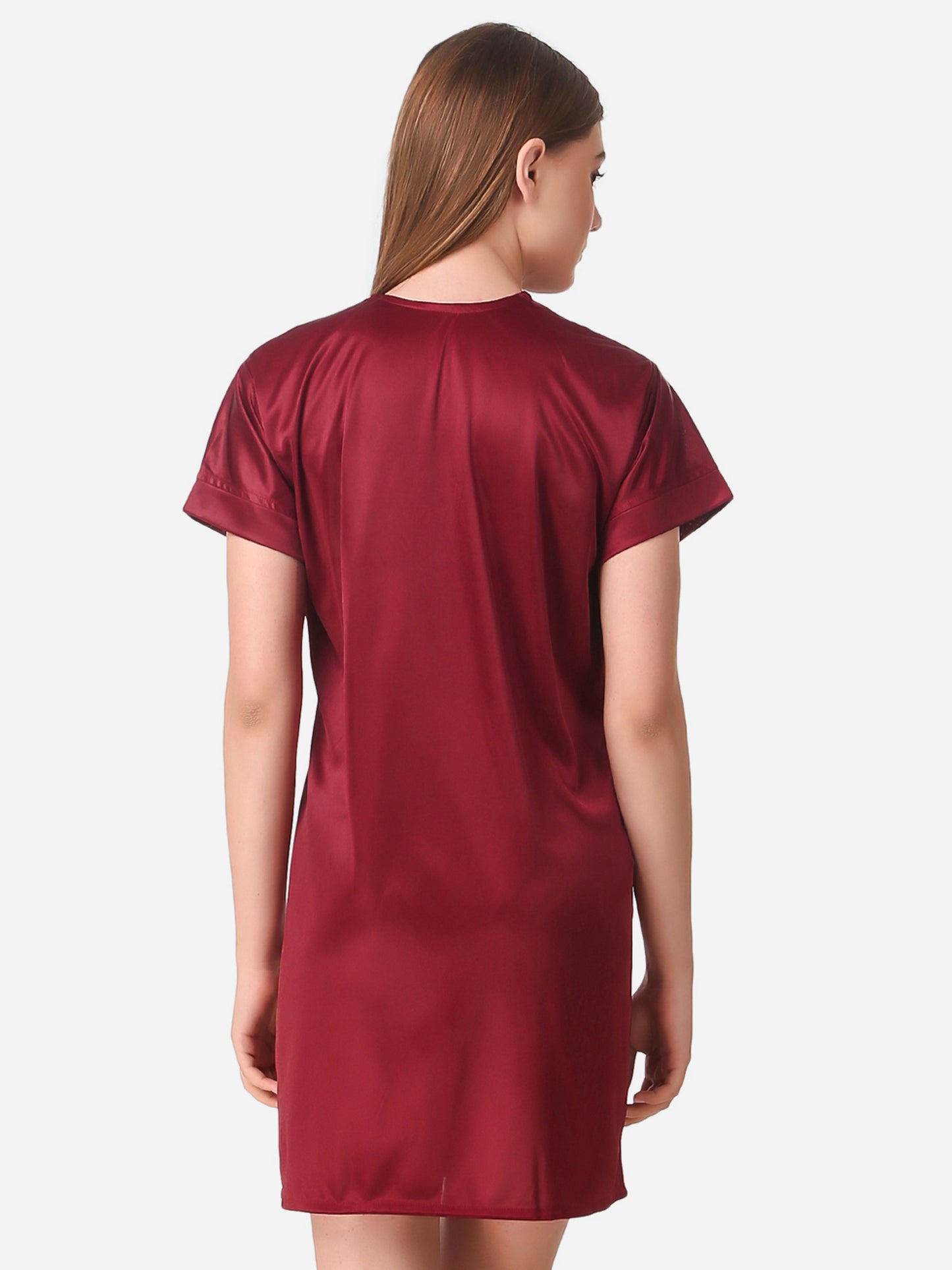 Romaisa Women's Satin Solid Maroon Robe with Lingerie Set