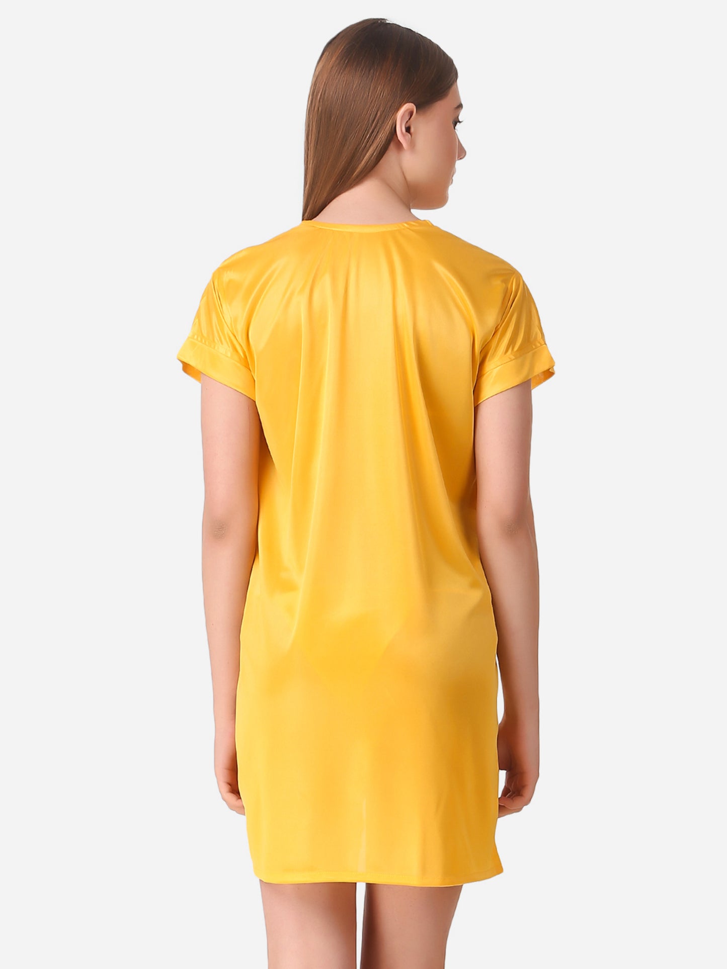 Romaisa Women's Satin Solid Yellow Robe with Lingerie Set