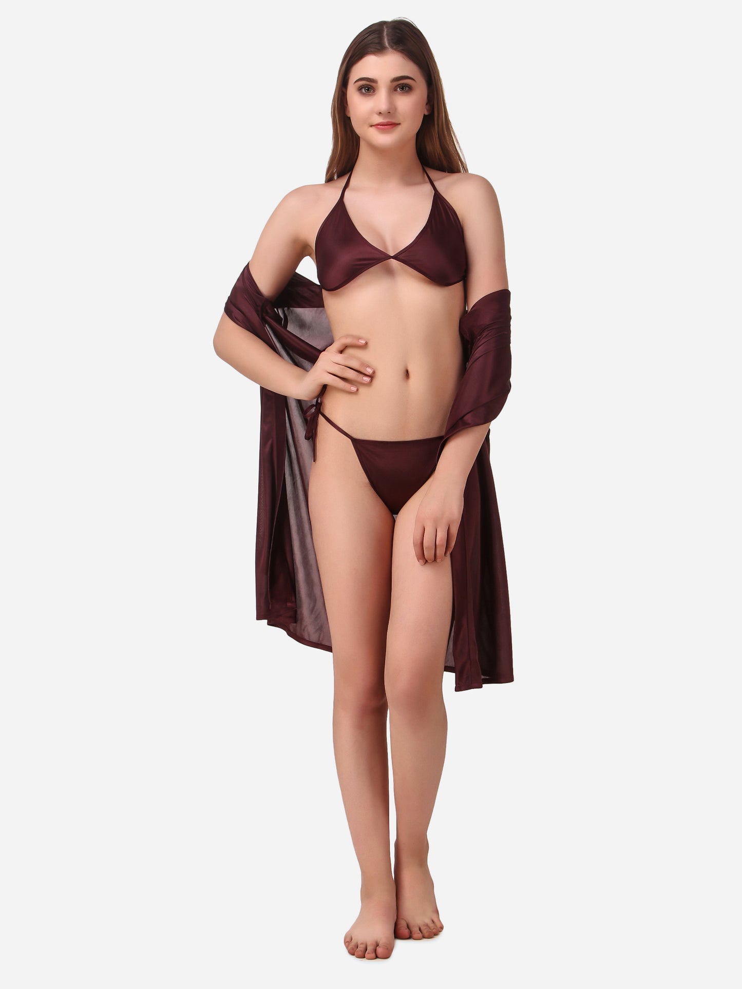 Romaisa Women's Satin Solid Brown Robe with Lingerie Set
