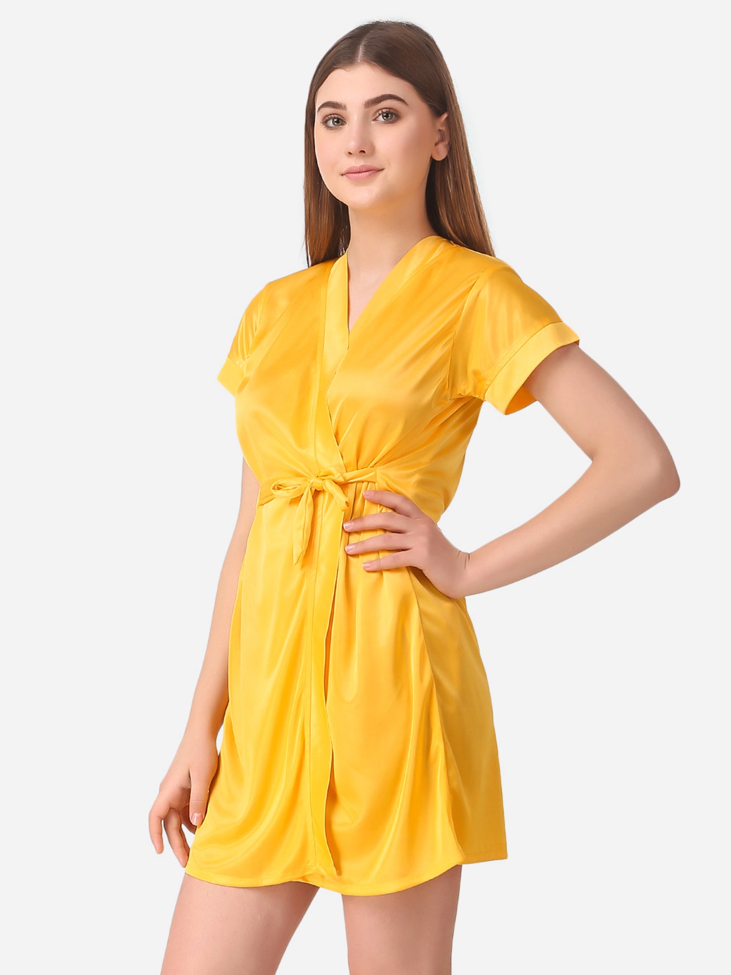 Romaisa Women's Satin Solid Yellow Robe with Lingerie Set