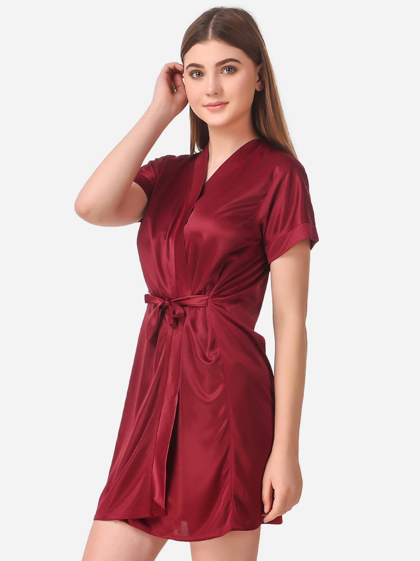 Romaisa Women's Satin Solid Maroon Robe with Lingerie Set