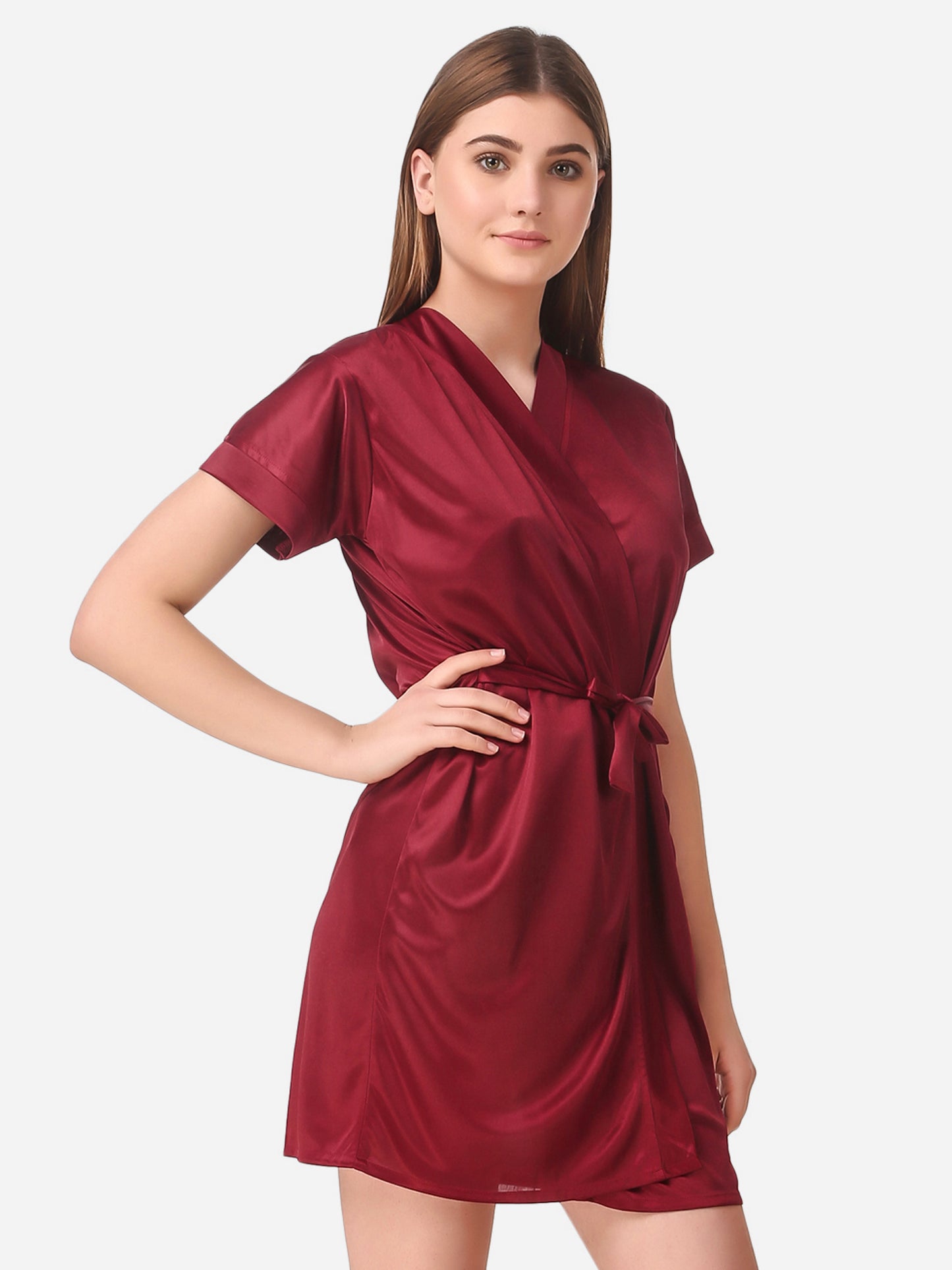 Romaisa Women's Satin Solid Maroon Robe with Lingerie Set
