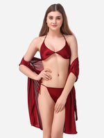 Romaisa Women's Satin Solid Maroon Robe with Lingerie Set