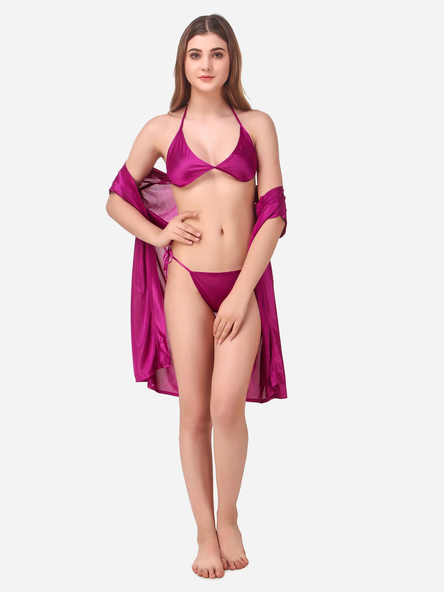 Romaisa Women's Satin Solid Magenta Robe with Lingerie Set