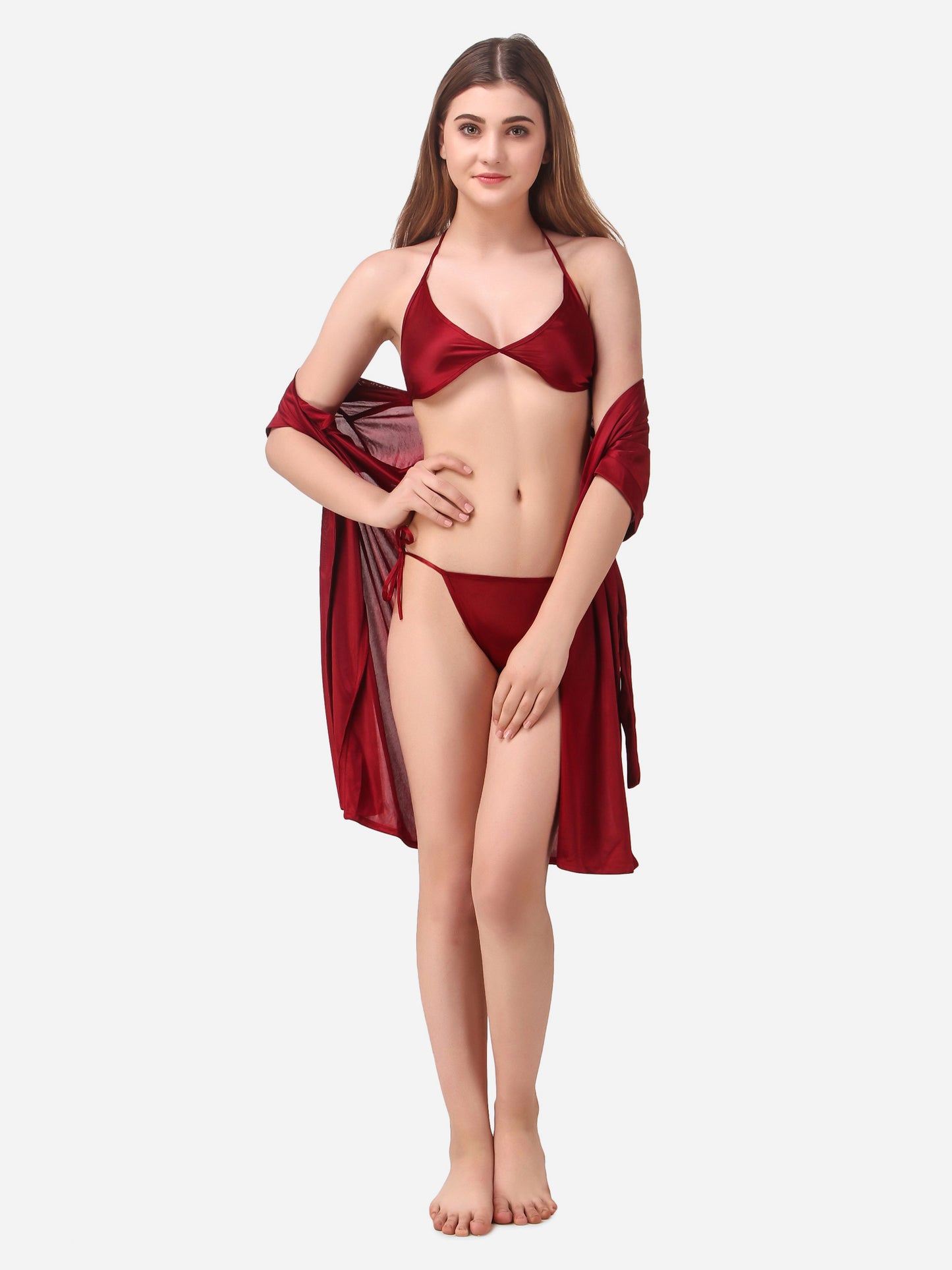 Romaisa Women's Satin Solid Maroon Robe with Lingerie Set