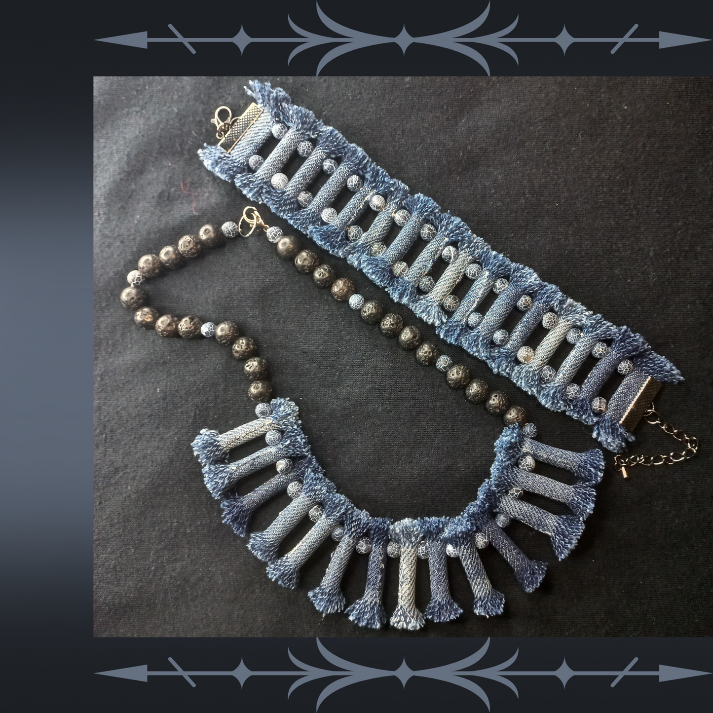 Necklace Bracelet Set Boho Tribal Denim Jewelry lava stone necklace