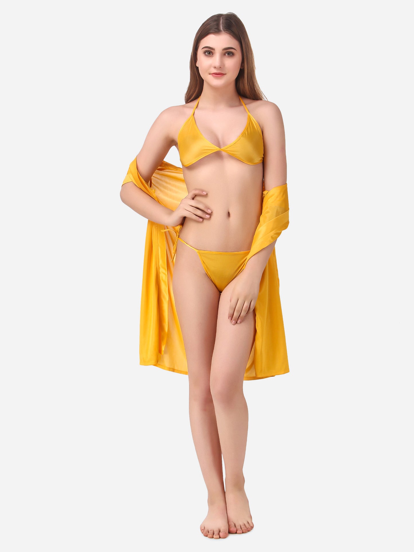 Romaisa Women's Satin Solid Yellow Robe with Lingerie Set
