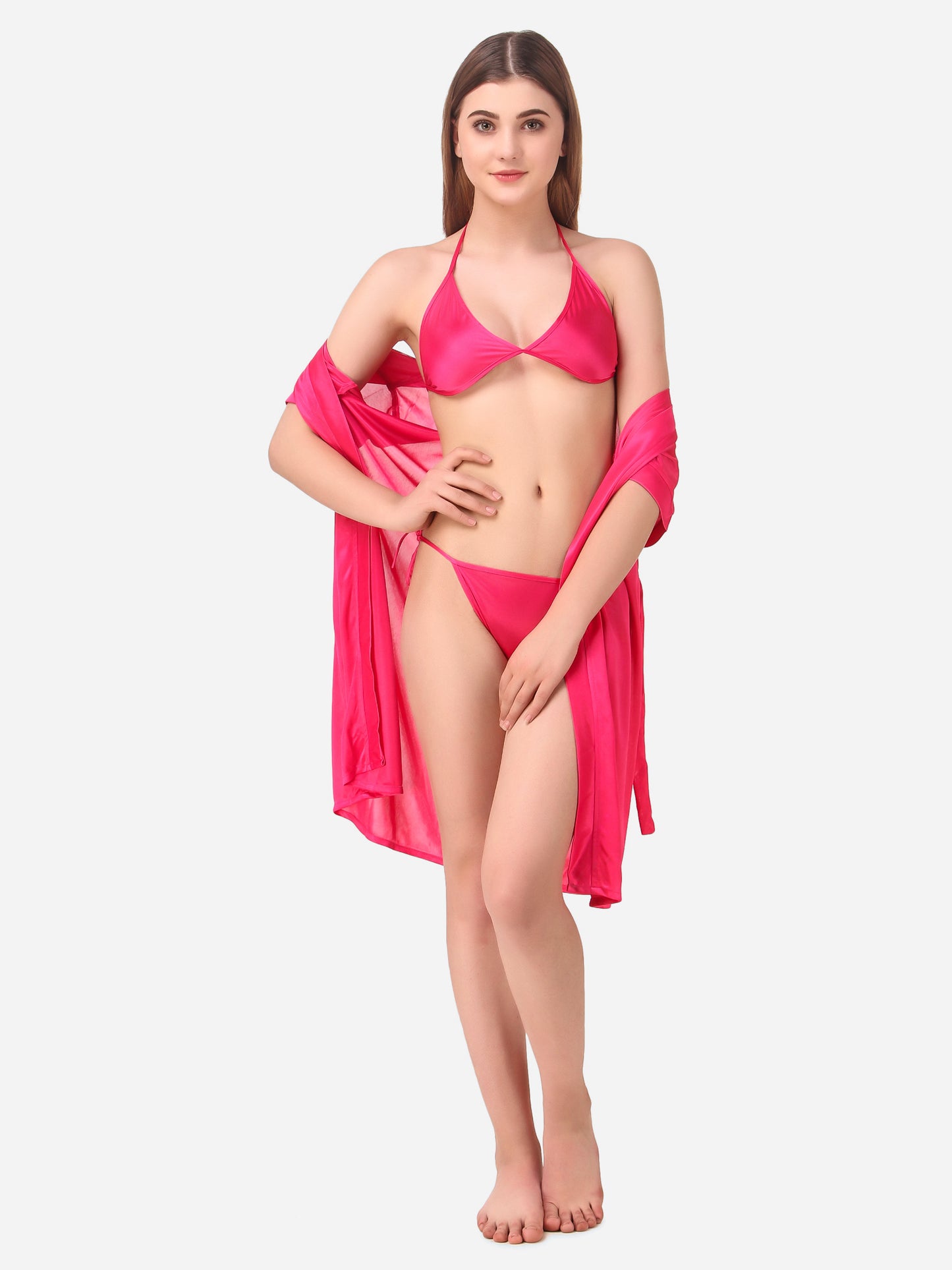 Romaisa Women's Satin Solid Pink Robe with Lingerie Set